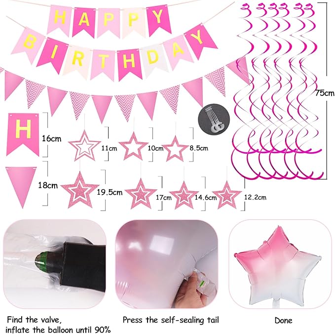 Pink Birthday Decorations, Happy Birthday Banner and Pink Star Balloons, Glitter Hanging Stars with Hanging Swirls, Bunting Banner, for Women Girls Party Decoration