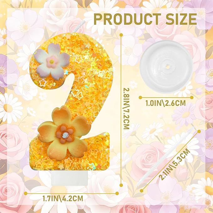 Yellow Birthday Candle, Flower Number Birthday Candles for Cake, Ideal Birthday Parties Cake Decor, Wedding Anniversary and Other Celebrations (2 Candle, Yellow)