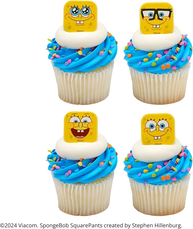 DecoPac SpongeBob SquarePants™ Mood Faces Rings, SpongeBob Cupcake Decorations Featuring SpongeBob SquarePants, Yellow - 24 Pack