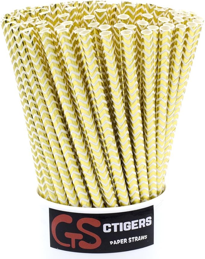 Metallic Gold Chevron Drinking Paper Straws for Valentine's Day Wedding Party Biodegradable Straw Box of 100