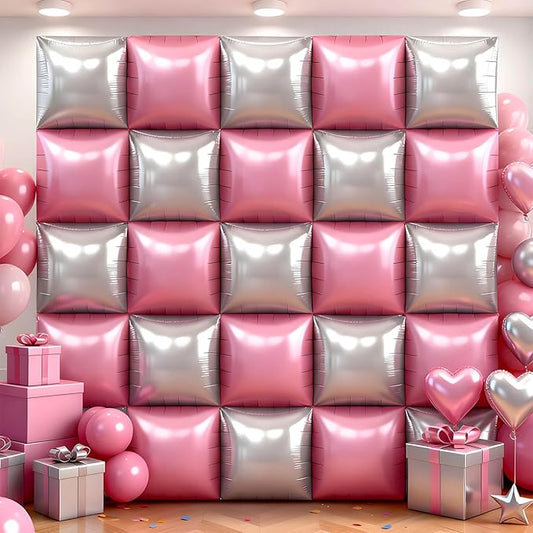 36Pcs Pink and Silver Square Foil Balloons Wall Backdrop, Double Sided Metallic Foil Balloons Tunnel Arch Garland Kit for Photo Booth Birthday Wedding Halloween Christmas Party Decorations