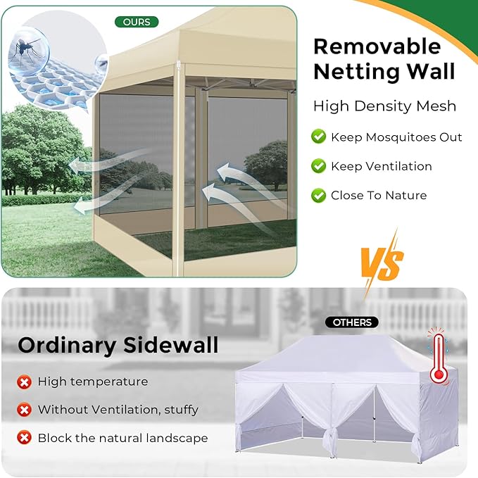 COBIZI 10x15 Heavy Duty Pop Up Canopy Tent with 4 Sidewalls, Commercial Gazebo Party Tent with Mosquito Netting Wall Easy Set Up Outdoor Instant Screen Gazebo for Backyard, Patio, Garden, Khaki
