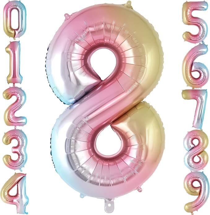 Rainbow Gradient Number 8 Balloon, 40 Inch Big Large Foil Number Balloons, Jumbo Giant Mylar Number 8 Balloons for 8 Year Old Birthday Party Decorations Supplies Anniversary Celebration