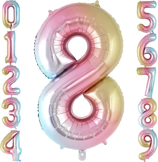 Rainbow Gradient Number 8 Balloon, 40 Inch Big Large Foil Number Balloons, Jumbo Giant Mylar Number 8 Balloons for 8 Year Old Birthday Party Decorations Supplies Anniversary Celebration