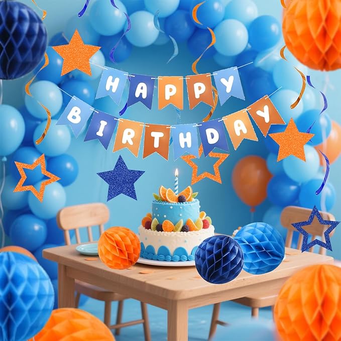 Pre-Strung Happy Birthday Decorations for Boys Men Women, Orange Blue Birthday Banner with Honeycomb Balls, Stars Hanging Swirl Streamers, Circle Dots Garland
