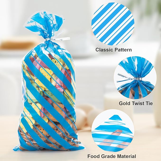 Aubeco 120 Pack 10.6x5.1 Inch Cellophane Treat Bags with Ties - Polka & Blue Stripes Candy Gift Baggies for Birthday, Wedding Party Favors, Snack Packing Supplies