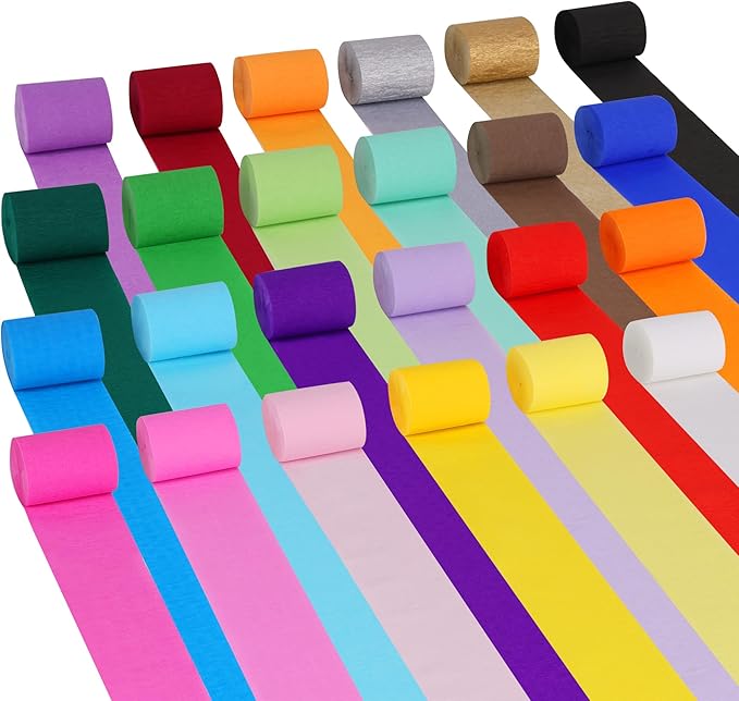 Oubest 24 Rolls Colorful Crepe Paper Streamers Party Decorations, 2.2" x 41ft Each Roll, Birthday Streamers for Rainbow Pastel Party, Baby Shower, Wedding, Halloween and Christmas Backdrop Decor
