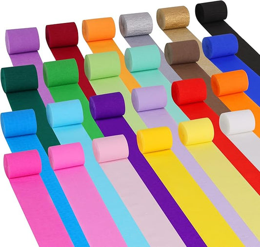 Oubest 24 Rolls Colorful Crepe Paper Streamers Party Decorations, 2.2" x 41ft Each Roll, Birthday Streamers for Rainbow Pastel Party, Baby Shower, Wedding, Halloween and Christmas Backdrop Decor
