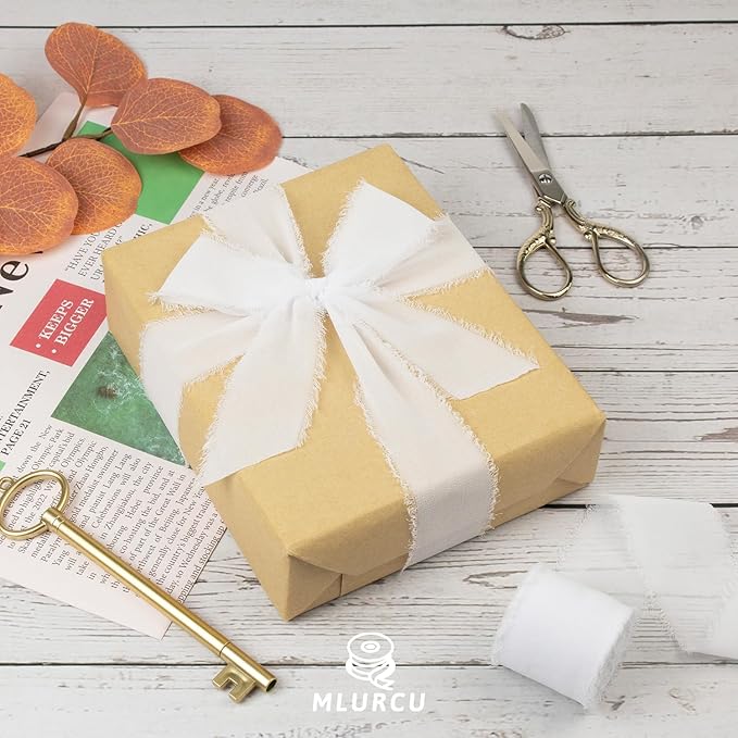 White Chiffon Ribbon - 1-1/2 Inch x 21 Yards Handmade Fringe Silk Ribbon for Wedding Invitation, Bridal Flower Bouquets, Floral Arrangement, Gift Wrapping