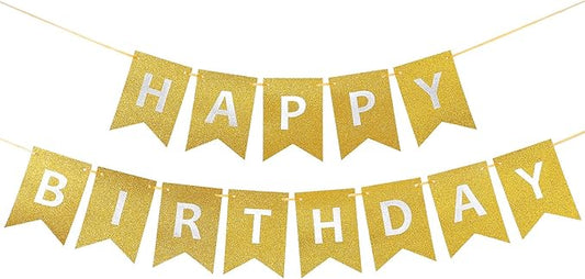Clabby Glitter Gold Happy Birthday Banner with Shiny Letters Happy Birthday Shiny Glitter Hanging Signs Bunting for Party Supplies Hanging Backdrop Decoration