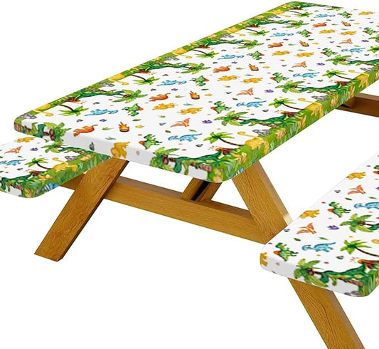 JAWO Dinosaur Picnic Table Covers with Bench Covers, Jungle Dino Print Tablecloth, Outdoor Table Cover Set, Patio Camping Picnic Table Protector, 96x30 Inch