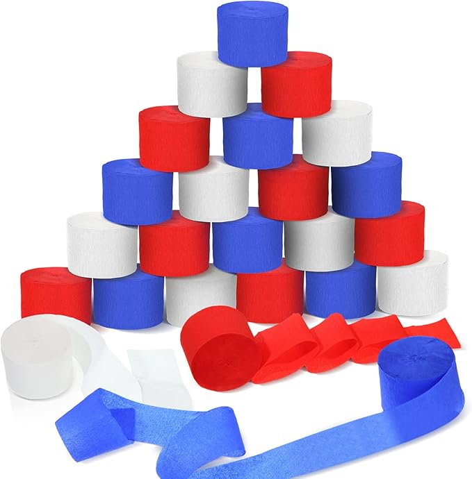 Sherr 24 Rolls Crepe Paper Streamers Hanging Party Decoration Holiday Streamers for Arty Decorations, Birthday Decorations, Wedding Decorations (Red, White, Blue,1.8 Inch x 98 Feet)