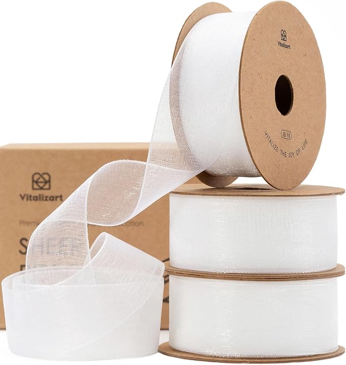 Vitalizart White Ribbon Organza Sheer Ribbon 1 inch x 30 Yd Handmade Fabric Ribbons for Gift Wrapping Christmas Tree Crafts Bows Wedding Invitations Wreaths Wrap Off White