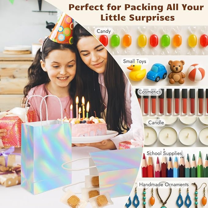 Shintop 30Pcs Iridescent Gift Bags with Handle, 8.3 x 5.9 x 3.1 Inch Holographic Goodie Bags Reusable Paper Glitter Party Favor Tote for Birthday Bachelorette Boutique
