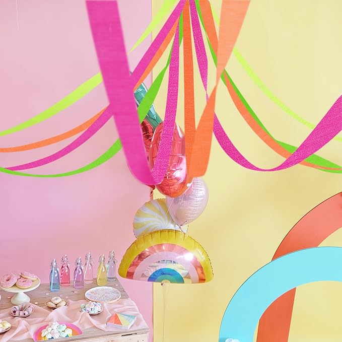 8 Rolls Neon Glow Crepe Paper Streamers Glow in Dark Party Supplies Pink Green Orange Yellow Colorful Paper Streamers for Birthday Neon Disco Glow Party （Total 656ft, 1.8Inch x 82Ft/Roll）