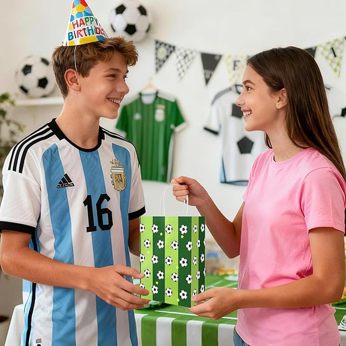 Ethanberg 20Pcs White Soccer Party Favor Bags with Handles, Soccer Themed Kraft Paper Gift Bags Candy Snack Bag, Green Goodie Bag for Sport Team Ball Events Theme Birthday Party Supplies