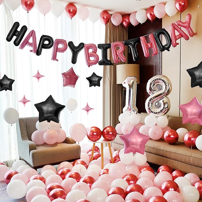 CANREVEL Happy Birthday Banner 13pcs 16 Inch Mylar Foil Letters with 12pcs Star Balloons Birthday Party Decorations for Kids and Adults - 3D Black Pink