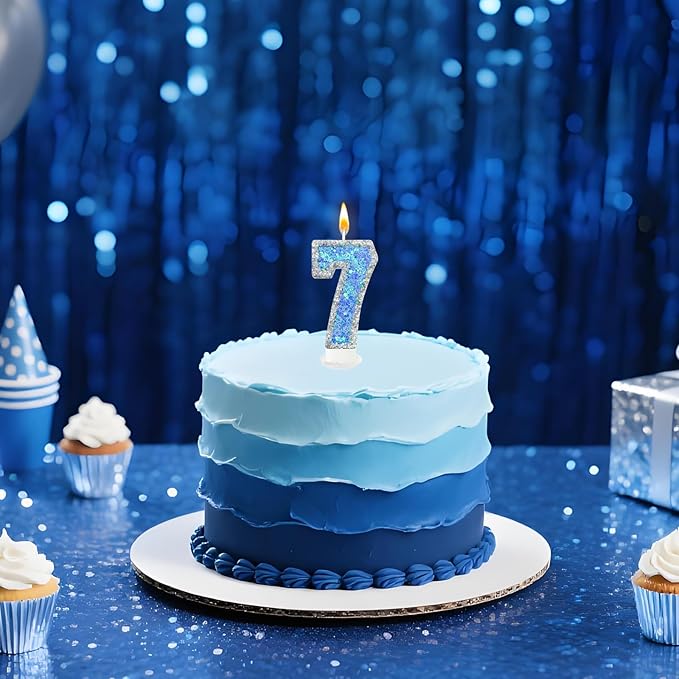 Blue Star Number 7 Candle for Cake Decoration, Glitter Star Cake Topper, Shaker Style Number Candle for Anniversary Celebration Party Supplies