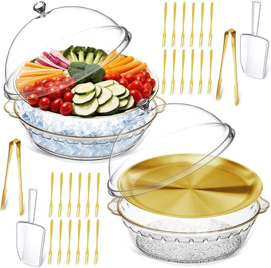 Baderke 11.8" Chilled Serving Tray for Parties with Compartments and lid Ice Chilled Party Platter Charcuterie Serving Board Cold Dish Dip for Fruit Seafood Vegetable Shrimp Cocktail (Gold,2 Pcs)