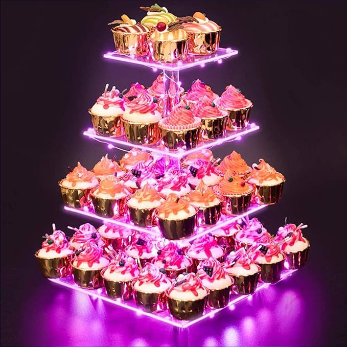 YestBuy Acrylic Cupcake Stand for 50 Cupcakes, 4 Tier Cupcakes Tower Stand with Pink LED Lights and 4.7" Clear Tiers, Perfect for Birthday, Baby Shower, Wedding and Candy Bar