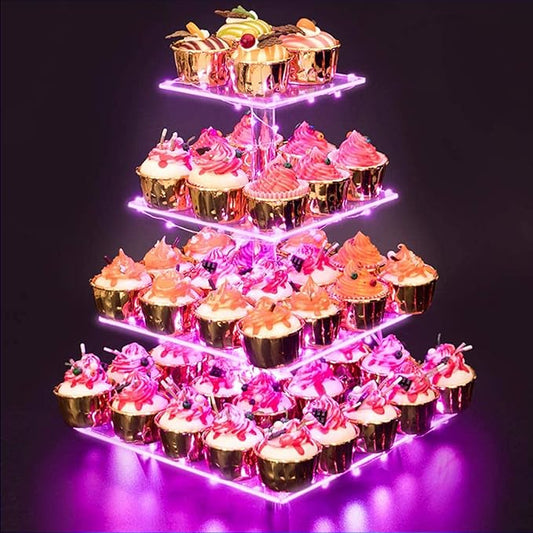 YestBuy Acrylic Cupcake Stand for 50 Cupcakes, 4 Tier Cupcakes Tower Stand with Pink LED Lights and 4.7" Clear Tiers, Perfect for Birthday, Baby Shower, Wedding and Candy Bar