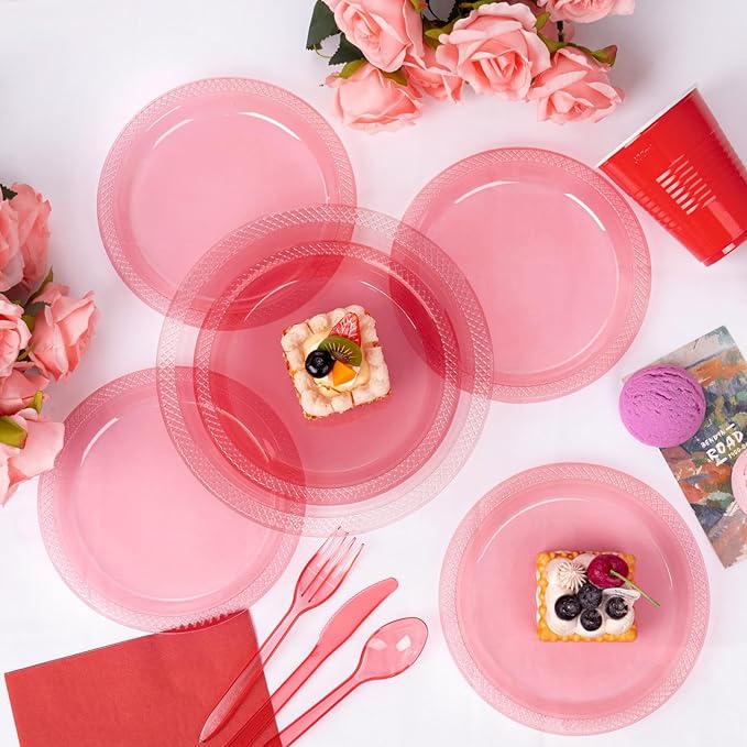 WELLIFE 210 PCS Clear and Red Plastic Plates for 30 Guests - Disposable Dinnerware Set Including Dinner Plates, Dessert Plates, 12oz Cups, Cutlery & Napkins, Red Party Plates for Valentines