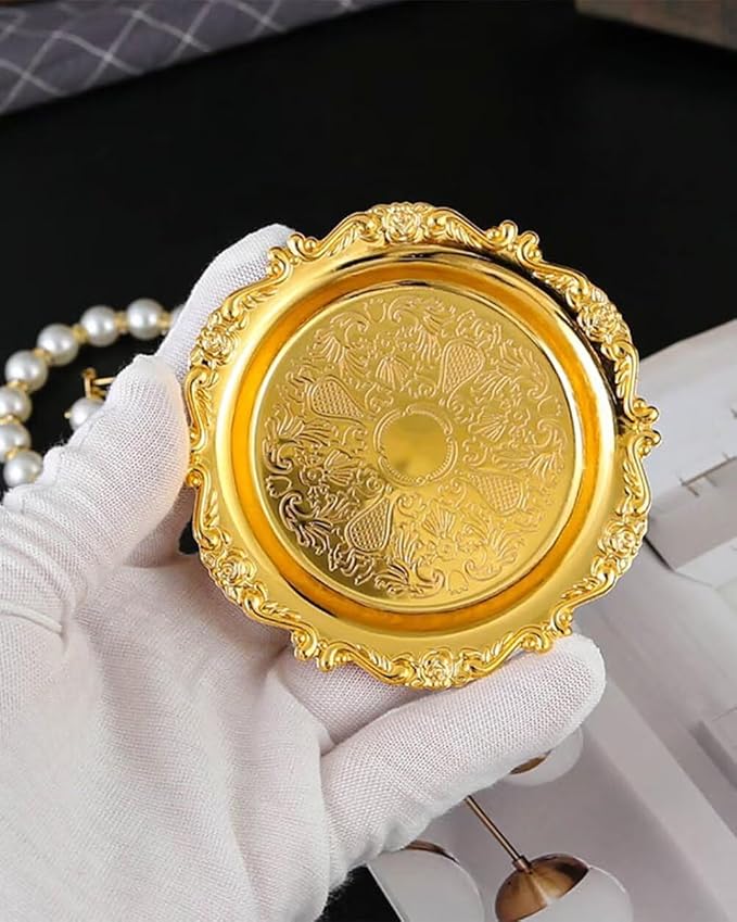 Round Decorative Tray 3.9in Metal Dessert Plates Vintage Coffee Table Tray for Snacks Fruit Gold