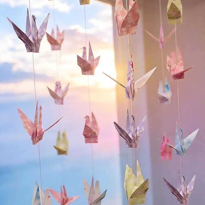 Pink Cherry Blossom Crane Paper Hanging Garland(3stringsX 5.2ft), Japanese Origami Bird Streamers, Sakura Flower for Bridal Shower, Baby Shower Birthday Party Supplies. Garden Ceiling Decor