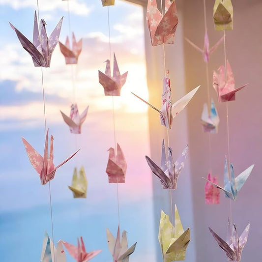 Pink Cherry Blossom Crane Paper Hanging Garland(3stringsX 5.2ft), Japanese Origami Bird Streamers, Sakura Flower for Bridal Shower, Baby Shower Birthday Party Supplies. Garden Ceiling Decor