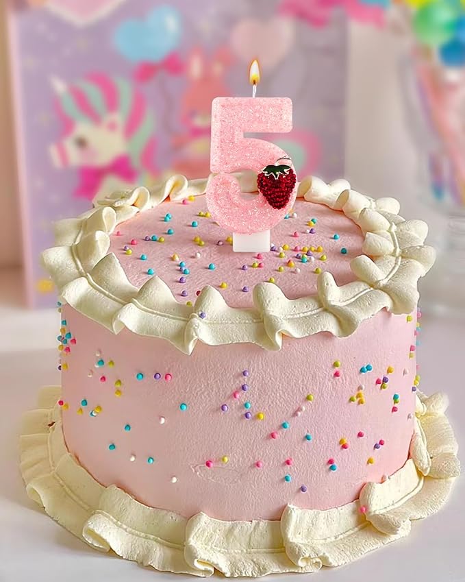Birthday Candles for Cake, Pink Number Candles, Cake Candles with Greeting Card for Birthday Party Wedding Anniversary Celebrations (Strawberry 5 Candle)