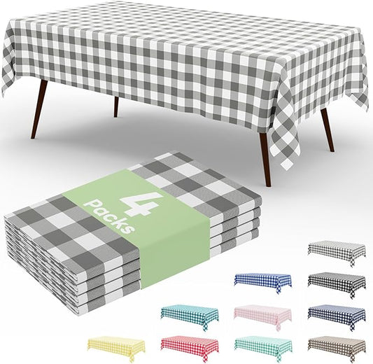 misaya 4 Packs Buffalo Disposable Table Cloth, 54 x 108 Inch Waterproof Plastic Tablecloth, Rectangle Grey and White Checkered Table Covers for Picnic, Birthday, Party