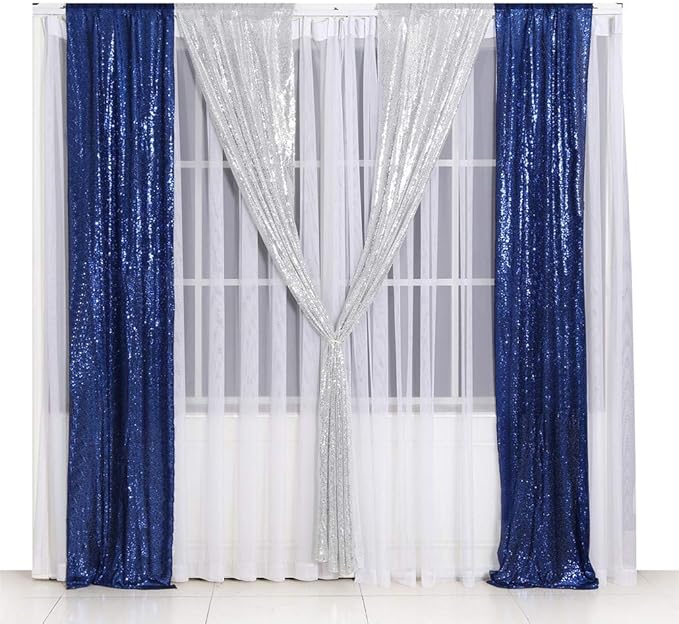 SquarePie 2 PCS 2x8ft Navy Blue Sequin Backdrop Curtains, Satin-Backed Shimmering Photo Booth Background, 2 Panels Narrow Real Sequin Drapes with 4" Rod Pocket for Party, Baby Shower, Doorway Decor