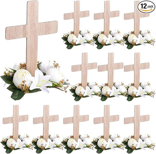 12 Sets Baptism Centerpieces Table Decorations First Communion Wooden Cross Ornament Set with Lily Candle Ring Wreath Purple Ribbon with Stands for Baptism Baby Shower Wedding (Wood)