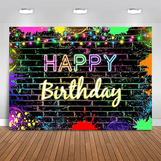Mocsicka Glow Birthday Backdrop Neon Glow in The Dark Party Decoration Glow Crazy Rainbow Birthday Photo Backdround Photo Prop (Glow deign but Not Real Glow) (8x6ft(96x72 inch))