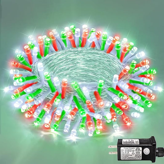 120 LED Christmas Lights Outdoor, 8 Modes Plug in Waterproof Twinkle Fairy String Lights for Tree Christmas Halloween Decorations, Red White&Green