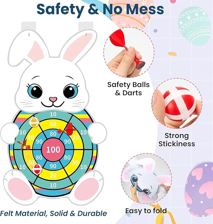 Easter Games 32" Large Bunny Dart Board - Easter Basket Stuffers Bunny Design with 12 Sticky Balls & 8 Darts, Indoor Outdoor Yard Holiday Party Games for Family, Non-Candy Gifts & Egg Fillers