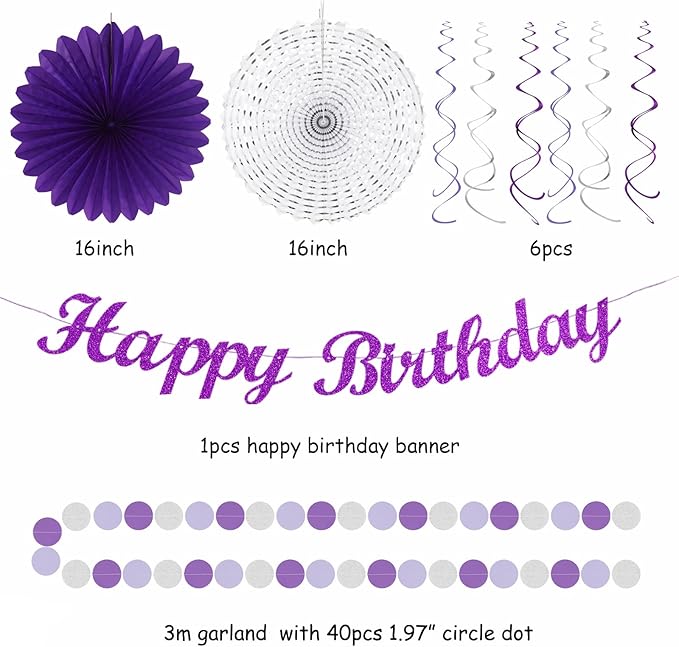 Purple Lilac-Lavender Silver Women Birthday Party-Decorations - 21pc Happy Banner,Paper Lanterns Streamers,Tissue Pom Poms Honeycomb Flower Fan, Girls Hanging Decor Supplies Garland Backdrop Huglony