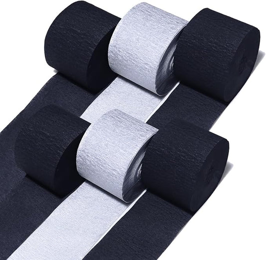 6 Crepe Paper Streamers Rolls, 492ft Pack of Silver and Black Streamers for Party Decorations, Birthday Streamers, Party Streamers (1.8 inch x 82 ft/Roll)