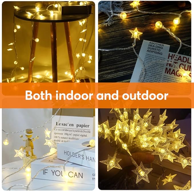 50 Stars & 50 Globes String Lights for Wedding, Party, Holiday Decor - 100 LED, 49.2ft, Remote Control, 8 Modes, IP44 Waterproof, Linkable Plug in Lights for Indoor Outdoor, Backyard, Celebration