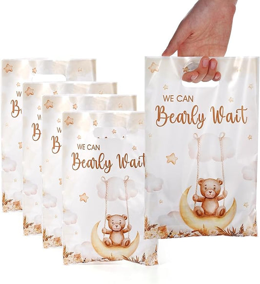 50 Pcs Cute Bear Party Favor Bags with Handles - Plastic Treat Bags for Candy & Small Gifts, Bulk Supplies for Wedding Baby Shower Goodie Bags, Holiday Gift Bags for Thanksgiving Halloween Christmas New Years, Birthday Party Decorations