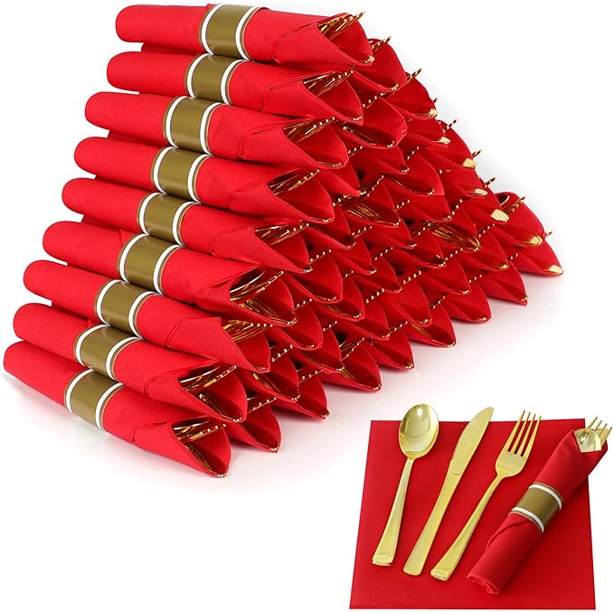 50 Pack Pre Rolled Gold Plastic Silverware Set,Wrapped Plastic Cutlery Set with Napkin Include 50 Forks,50 Spoons,50 Knives and 50 Red Napkins for Party,Wedding,Christmas