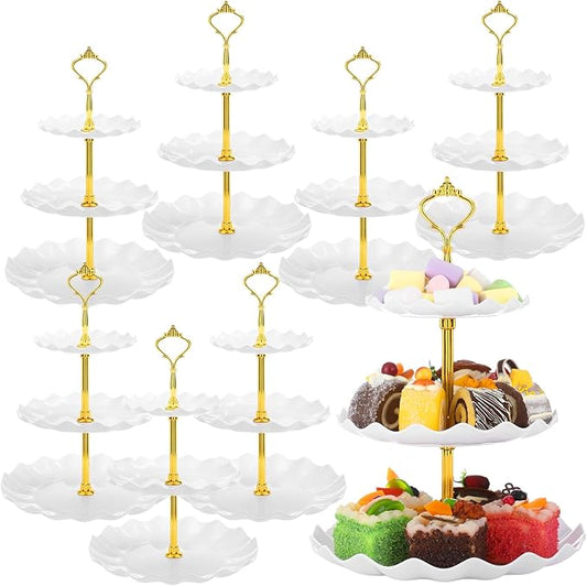 Patelai 8 Packs 3 Tier Cupcake Stand Holder Plastic Cake Serving Display Stand Tower Donuts Cookie Dessert Tray Holder Wave Shape with Gold Rod for Wedding Birthday Baby Shower Tea Party(White)
