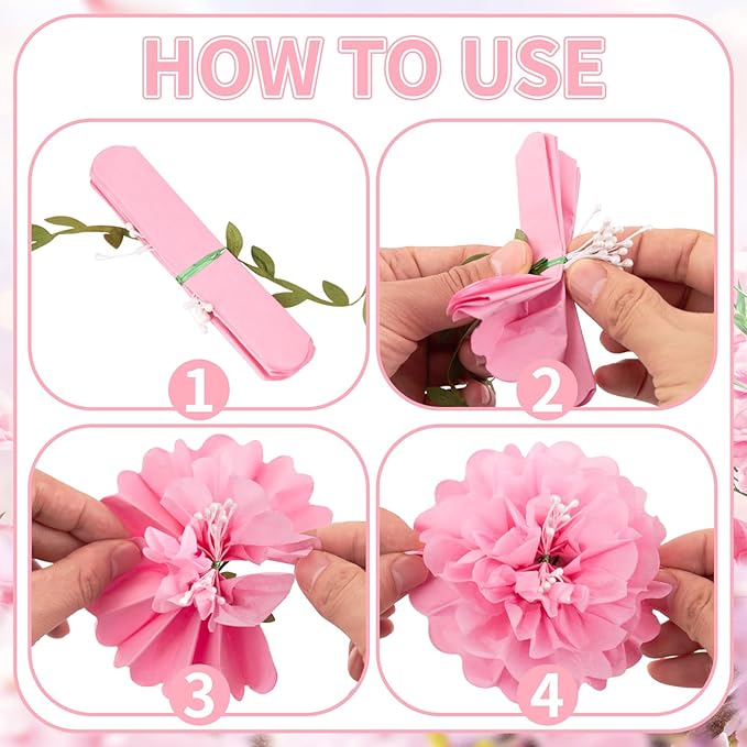 2PCS Pink Tissue Paper Pom Pom Garlands, Pink Party Decorations Tissue Paper Flowers Pom Pom with Green Leaves for Wedding Bridal Shower Party Decor