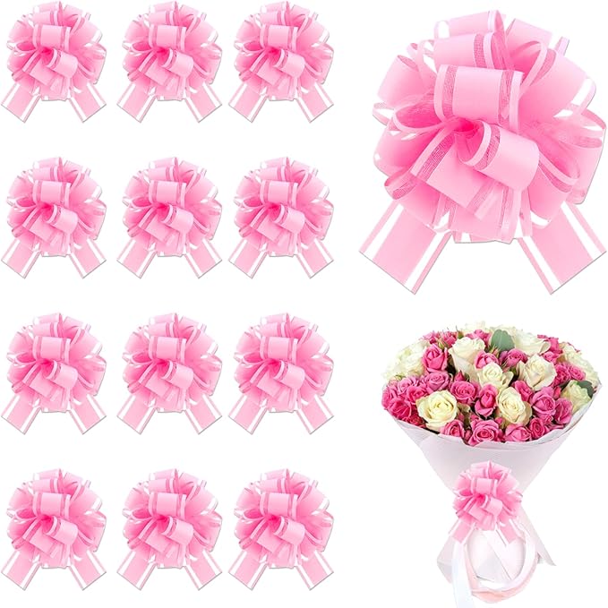12 Pcs Pink Gift Bow Pull Bows for Gift Warpping Christmas Warp Ribbon Bow Party Birthday Wedding Solid Bows for Bikes Anniversary Boxes Flower Decorations Valentine's Day (Pink-E)
