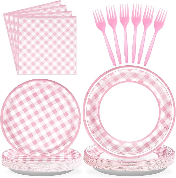 96 Pcs Pink Gingham Party Supplies 350 GSM Disposable Pink and White Buffalo Checked Paper Plates and Napkins Tableware Set for BBQ Picnic Baby Shower Birthday Party Decorations Serves 24