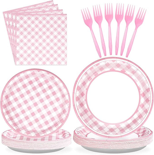 96 Pcs Pink Gingham Party Supplies 350 GSM Disposable Pink and White Buffalo Checked Paper Plates and Napkins Tableware Set for BBQ Picnic Baby Shower Birthday Party Decorations Serves 24