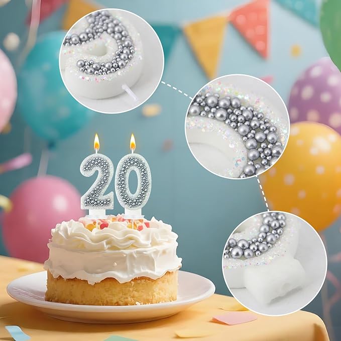 20 Birthday Number Candle for Cake, Glitter Number Candle with Silver Beads, Decorative Cake Topper for Milestone Celebrations