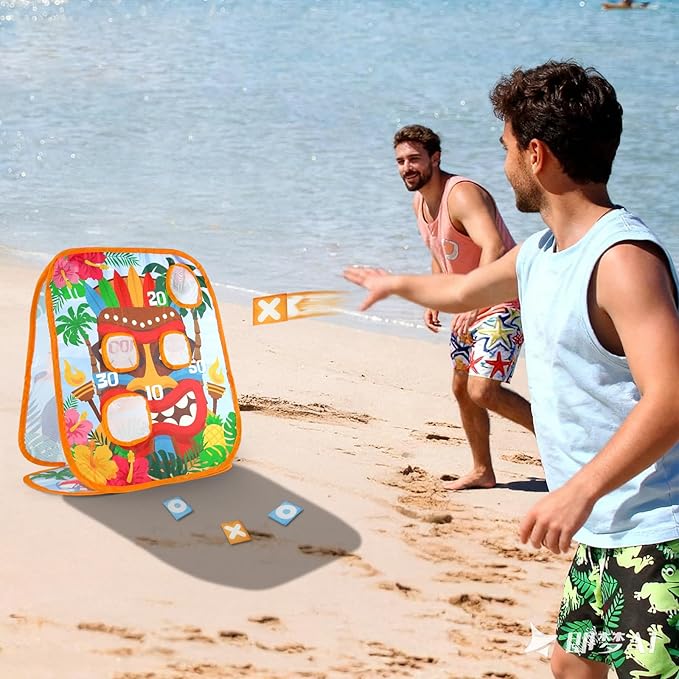 Bessmoso Luau Party Bean Bag Toss Games Hawaiian Tiki Party Games Double-Sided Collapsible Cornhole Board for Summer Tropical Party Family Outdoor Indoor Yard Kindergarten Party Games