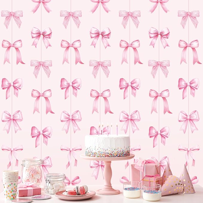 Daifunli 8 PCS Bow Decorations Bow Hanging Banners Garland Banners Paper Cutouts Ribbon Streamers for Birthday Bridal Engagement Bachelorette Wedding Party Decor(Pink)