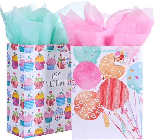 SUNCOLOR 16 Inch Extra Large Gift Bags for Birthday Party with Tissue Paper, 2 Pack Cupcake Design, 15.7x12.6x5.7 Inches